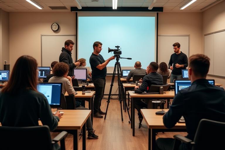 Inside the Lichtblick Medienakademie classroom, showing students actively engaged with photography and video equipment while instructors provide guidance.
